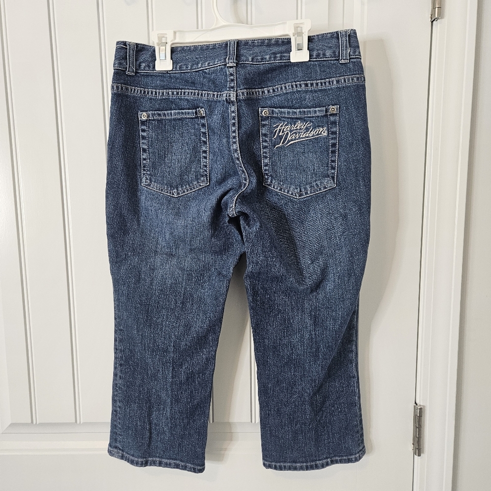 Harley‎ Davidson Capri Stretch Blue Jean Pants Embroidered Pocket Womens Size 6 - Picture 6 of 10